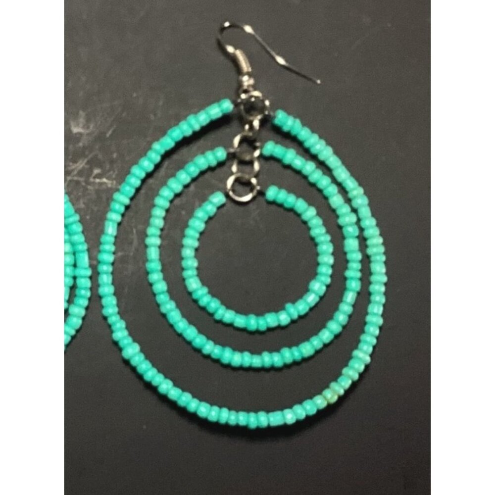 Handmade Turquoise Seed Bead Hoop Earrings with Silver Tone Findings Blue - Picture 3 of 3